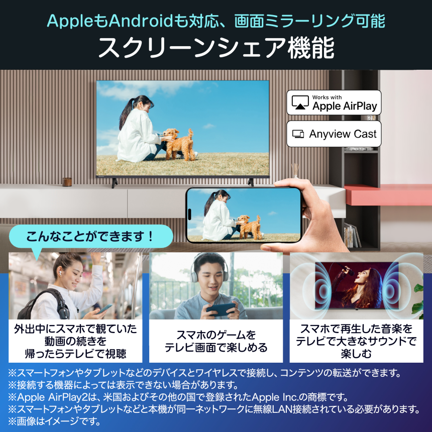 AppleもAndroidも対応、画面ミラーリング可能
