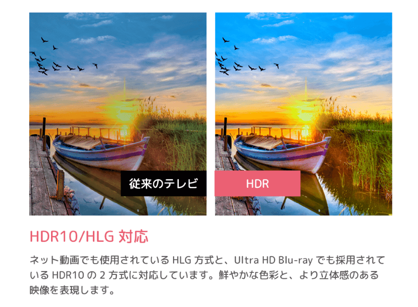 HDR10/HLG対応 ネット動画でも使用されている HLG 方式と、Ultra HD Blu-ray でも採用されている HDR10 の 2 方式に対応しています。鮮やかな色彩と、より立体感のある映像を表現します。
