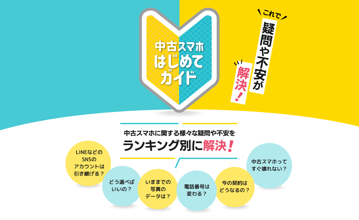 中古スマホに関する様々な疑問や不安をランキング別に解決！　中古スマホ 店舗数NO.1　LINEなどのSNSのアカウントは引き継げる？　どう選べばいいの？　いままでの写真のデータは？　電話番号は変わる？　今の契約はどうなるの？　中古スマホってすぐ壊れない？