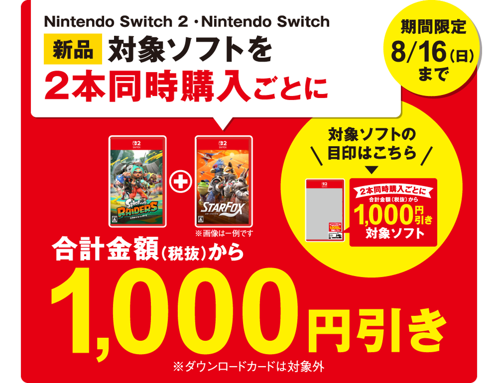 Nintendo Switch 2・Nintendo Switch新品対象ソフトを2本同時購入ごとに合計金額（税抜）から1,000円引き